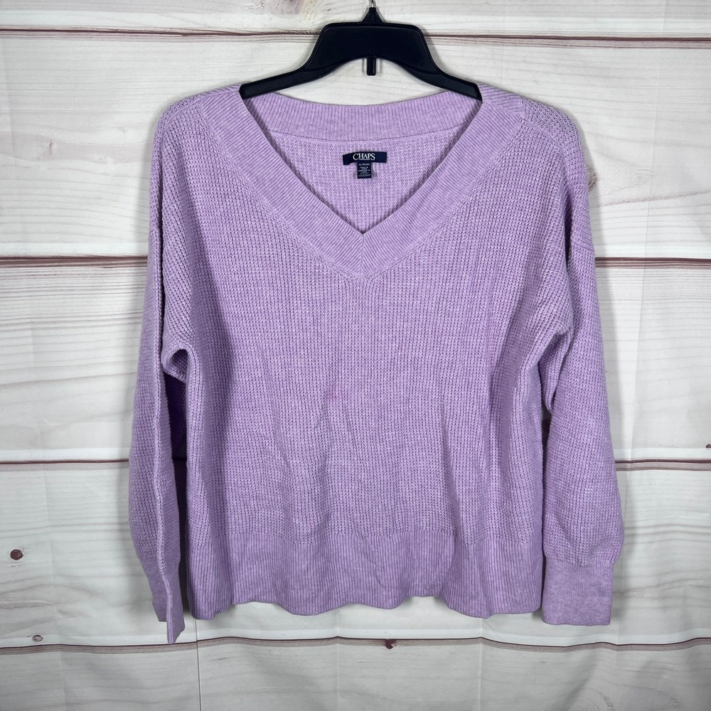 Chaps Sweater Women XL Purple V-Neck Waffle Knit Cotton Blend Long Sleeve Solid